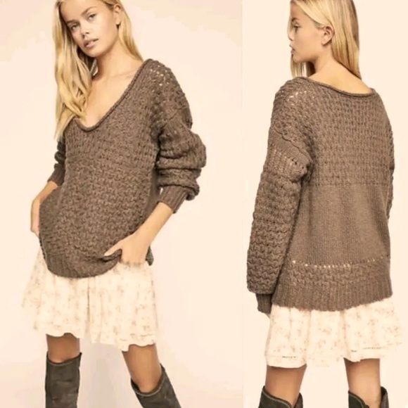 Free People Chunky Knit Crochet Brown Owersized Sweater medium size - Picture 1 of 7